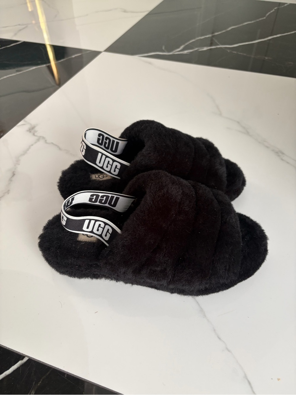 UGG Black Fluff Slide Slippers with Branded Elastic Strap